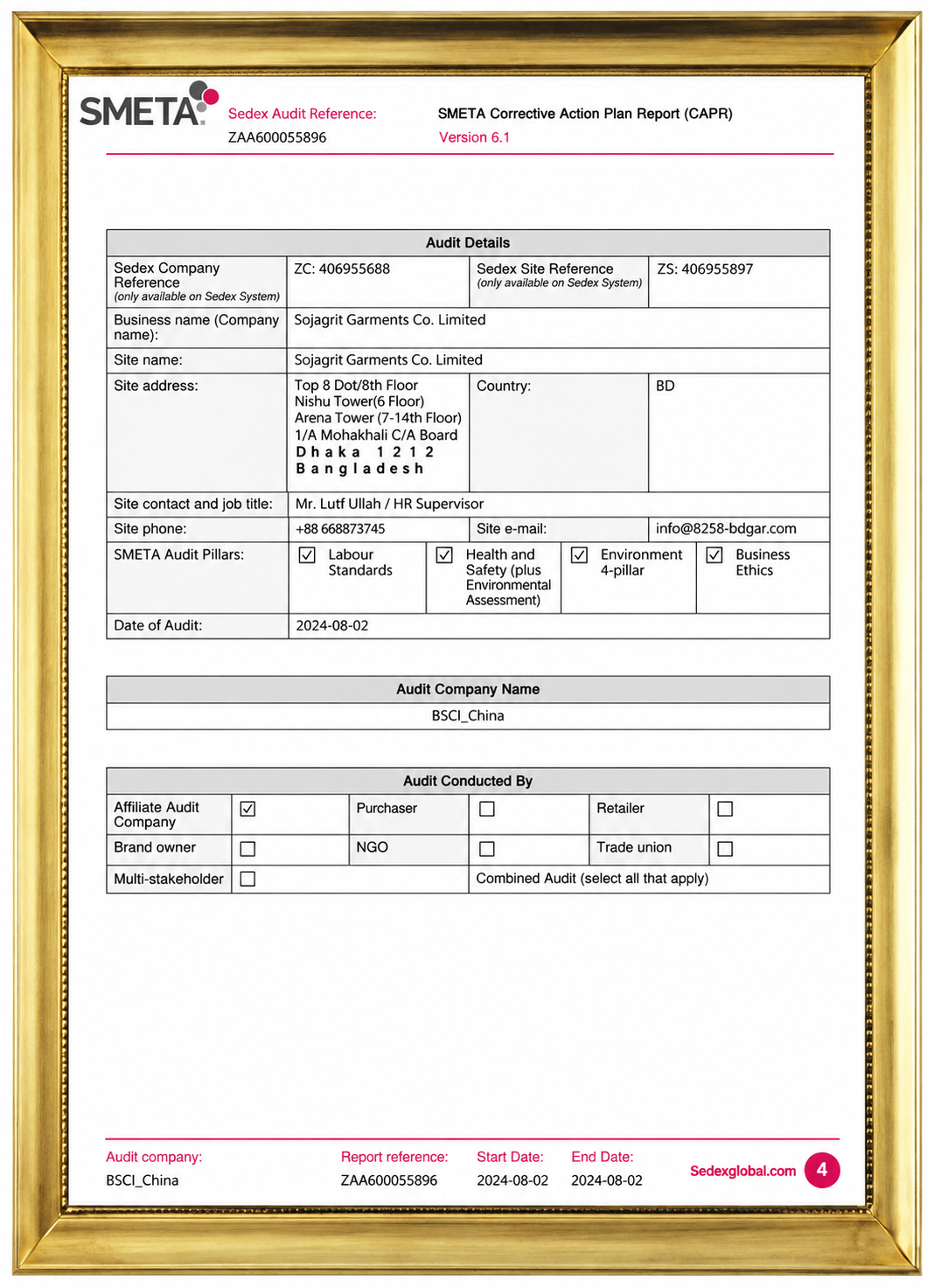SMETA certification certificate